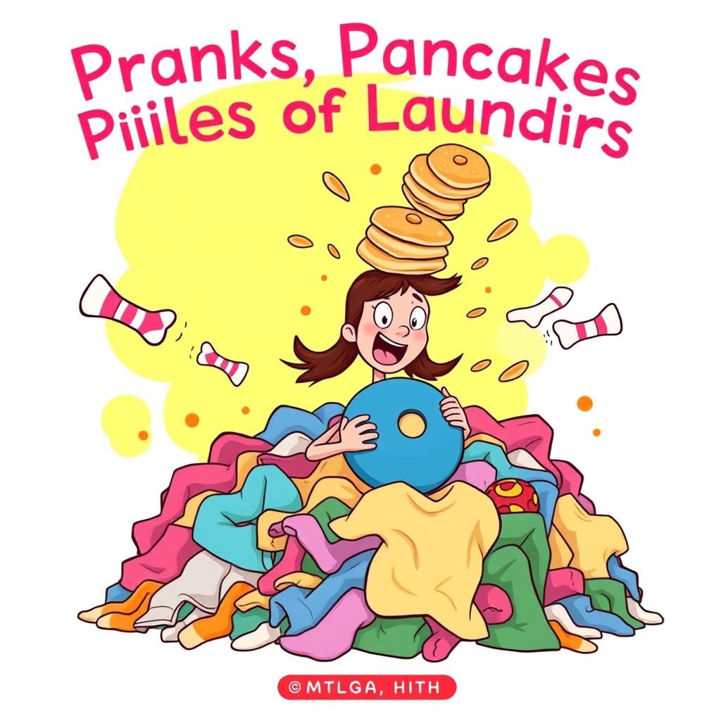 A whimsical, cartoonish illustration for the cover of 'Pranks, Pancakes, and Piles of Laundry'