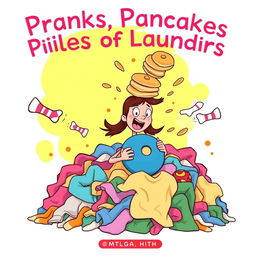 A whimsical, cartoonish illustration for the cover of 'Pranks, Pancakes, and Piles of Laundry'