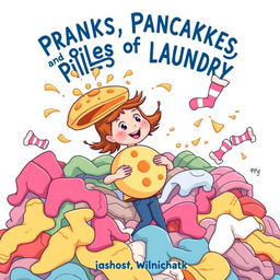 A whimsical, cartoonish illustration for the cover of 'Pranks, Pancakes, and Piles of Laundry'