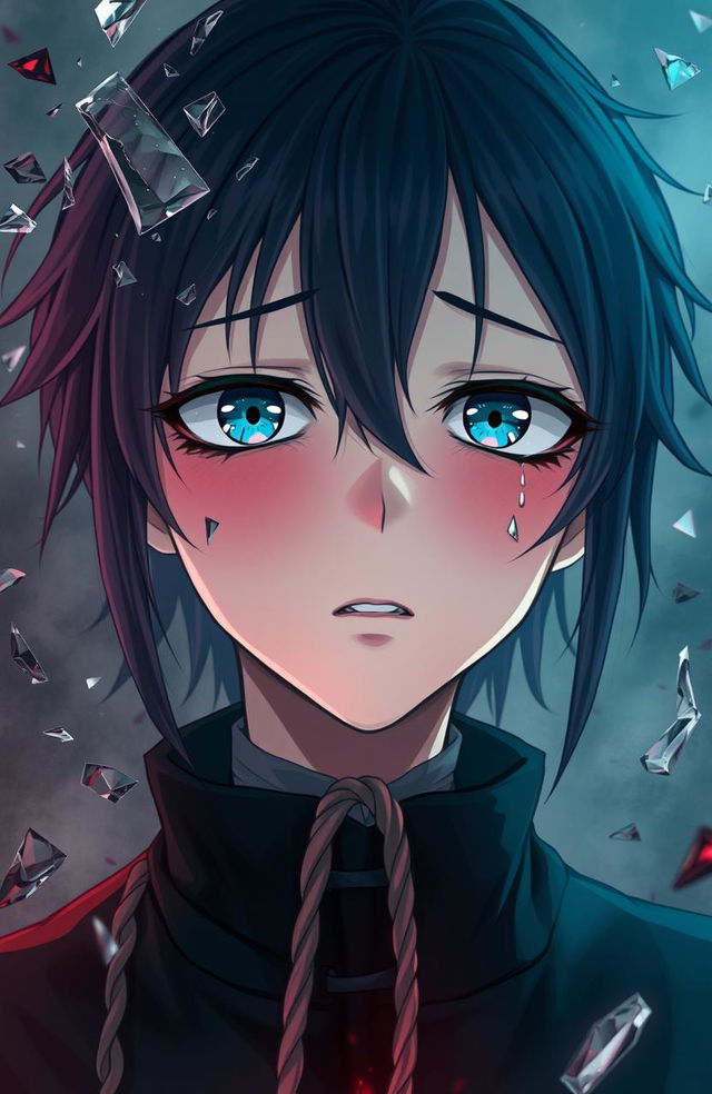 An anime character with an emotional expression, crying tears of blood, showcasing a haunting yet beautiful aesthetic