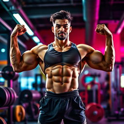 An inspiring image of a strong individual showcasing their muscles, standing confidently in a powerful pose