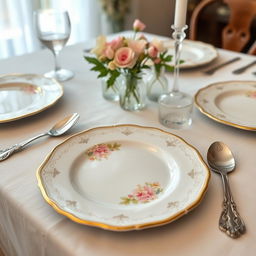 A beautifully set dining table showcasing an elegant white porcelain plate with intricate gold rim designs