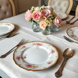 A beautifully set dining table showcasing an elegant white porcelain plate with intricate gold rim designs