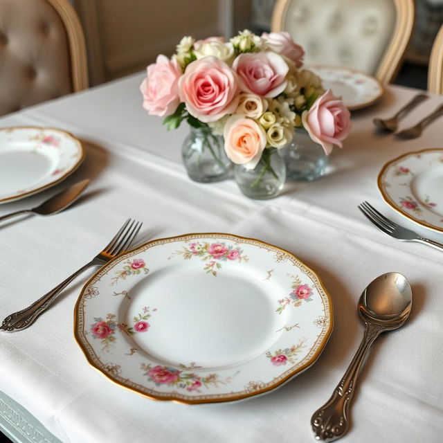 A beautifully set dining table showcasing an elegant white porcelain plate with intricate gold rim designs