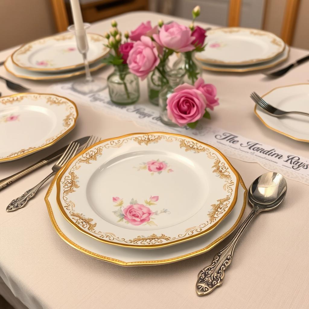 A beautifully set dining table showcasing an elegant white porcelain plate with intricate gold rim designs