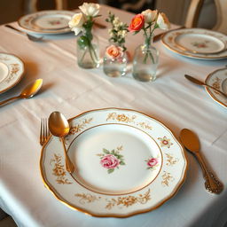 A beautifully set dining table showcasing an elegant white porcelain plate with intricate gold rim designs