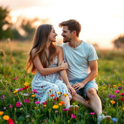 A beautiful young couple sitting together on a grassy meadow, surrounded by vibrant wildflowers