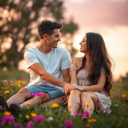 A beautiful young couple sitting together on a grassy meadow, surrounded by vibrant wildflowers