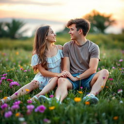 A beautiful young couple sitting together on a grassy meadow, surrounded by vibrant wildflowers