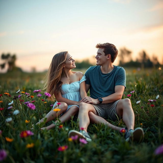 A beautiful young couple sitting together on a grassy meadow, surrounded by vibrant wildflowers