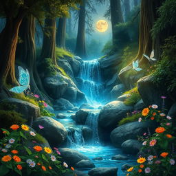 An enchanting fantasy forest scene featuring a dazzling waterfall cascading over smooth rocks, surrounded by vibrant green foliage and colorful wildflowers