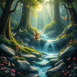 An enchanting fantasy forest scene featuring a dazzling waterfall cascading over smooth rocks, surrounded by vibrant green foliage and colorful wildflowers
