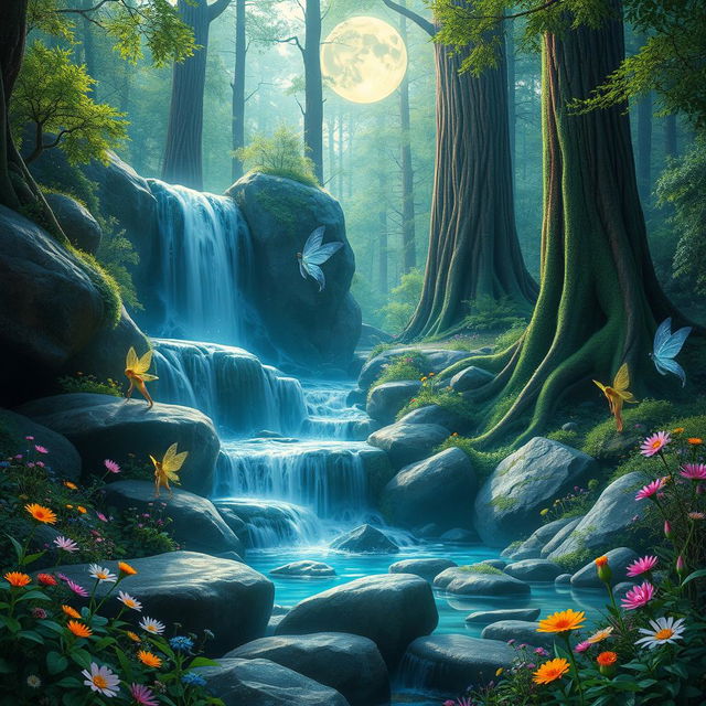 An enchanting fantasy forest scene featuring a dazzling waterfall cascading over smooth rocks, surrounded by vibrant green foliage and colorful wildflowers