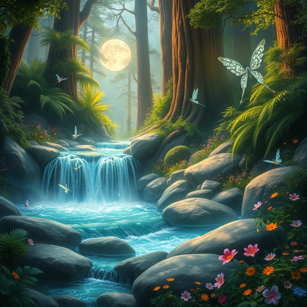 An enchanting fantasy forest scene featuring a dazzling waterfall cascading over smooth rocks, surrounded by vibrant green foliage and colorful wildflowers