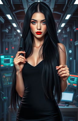 A woman with dark almond gray eyes and striking red lips, showcasing long straight black hair that flows elegantly
