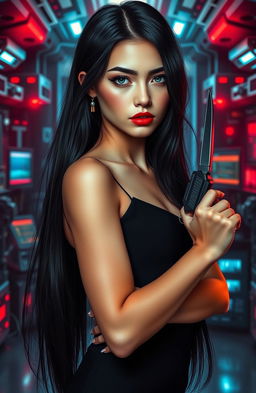 A woman with dark almond gray eyes and striking red lips, showcasing long straight black hair that flows elegantly