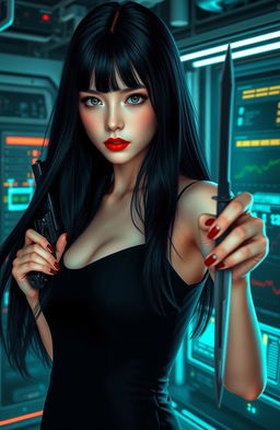 A woman with dark almond gray eyes and striking red lips, showcasing long straight black hair that flows elegantly