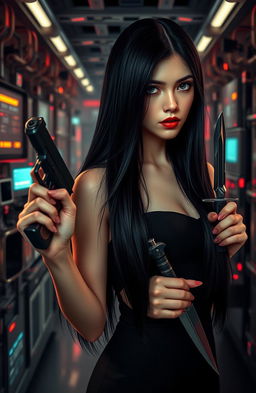 A woman with dark almond gray eyes and striking red lips, showcasing long straight black hair that flows elegantly
