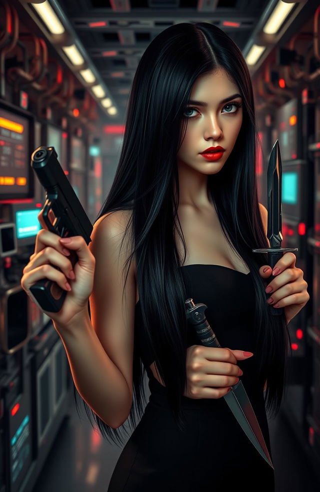 A woman with dark almond gray eyes and striking red lips, showcasing long straight black hair that flows elegantly