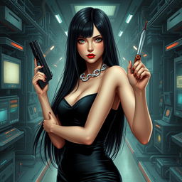 A woman with dark almond gray eyes and striking red lips, exhibiting long straight black hair that cascades down her back