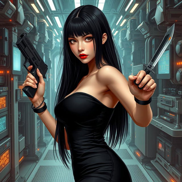 A woman with dark almond gray eyes and striking red lips, exhibiting long straight black hair that cascades down her back