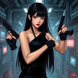A woman with dark almond gray eyes and striking red lips, exhibiting long straight black hair that cascades down her back