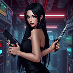 A woman with dark almond gray eyes and striking red lips, exhibiting long straight black hair that cascades down her back