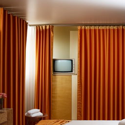 Generate an image of a rectangular room, beautifully organized with a bed, a counter TV, an almirah, curtains, and blankets.