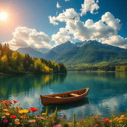 A serene landscape featuring a tranquil lake surrounded by lush green trees and colorful wildflowers in full bloom