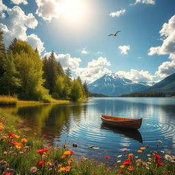 A serene landscape featuring a tranquil lake surrounded by lush green trees and colorful wildflowers in full bloom