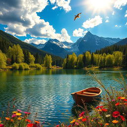 A serene landscape featuring a tranquil lake surrounded by lush green trees and colorful wildflowers in full bloom