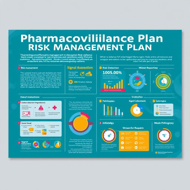 An innovative poster design showcasing a comprehensive risk management plan in pharmacovigilance