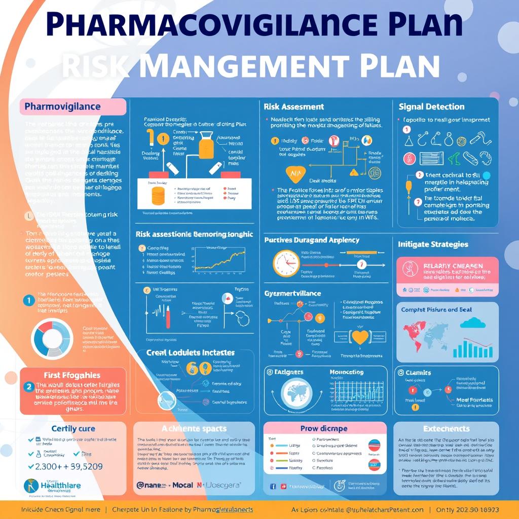 An innovative poster design showcasing a comprehensive risk management plan in pharmacovigilance