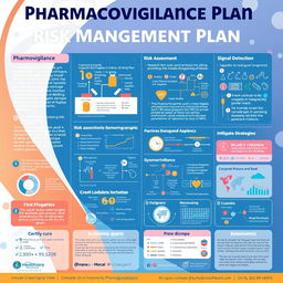 An innovative poster design showcasing a comprehensive risk management plan in pharmacovigilance