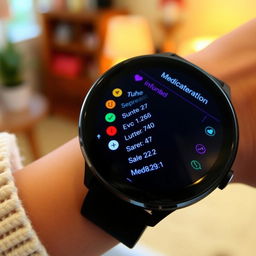 A close-up of a smartwatch display showing a detailed medication dosage schedule and reminders