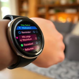 A close-up of a smartwatch display showing a detailed medication dosage schedule and reminders