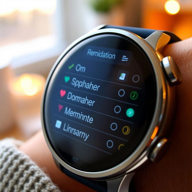 A close-up of a smartwatch display showing a detailed medication dosage schedule and reminders