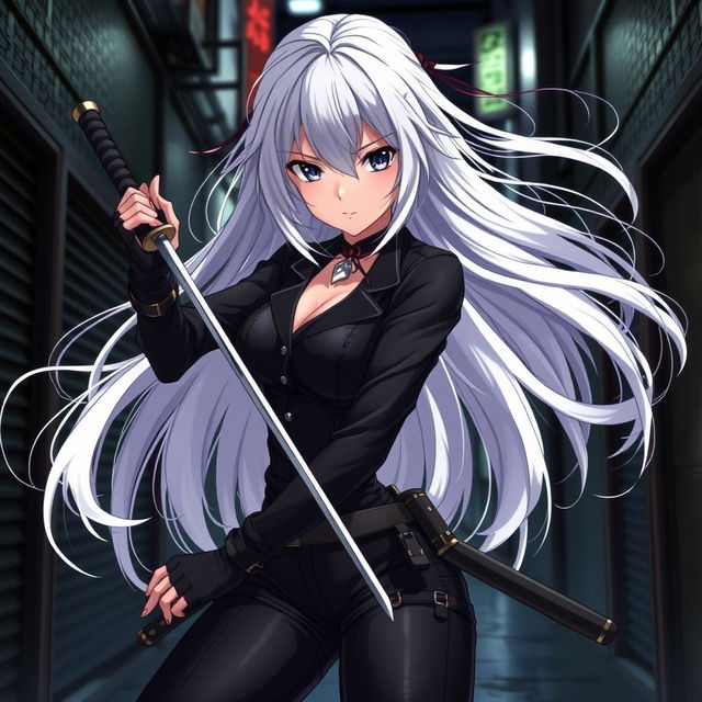 A striking anime girl with flowing white hair, characterized as a skilled assassin