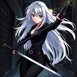 A striking anime girl with flowing white hair, characterized as a skilled assassin