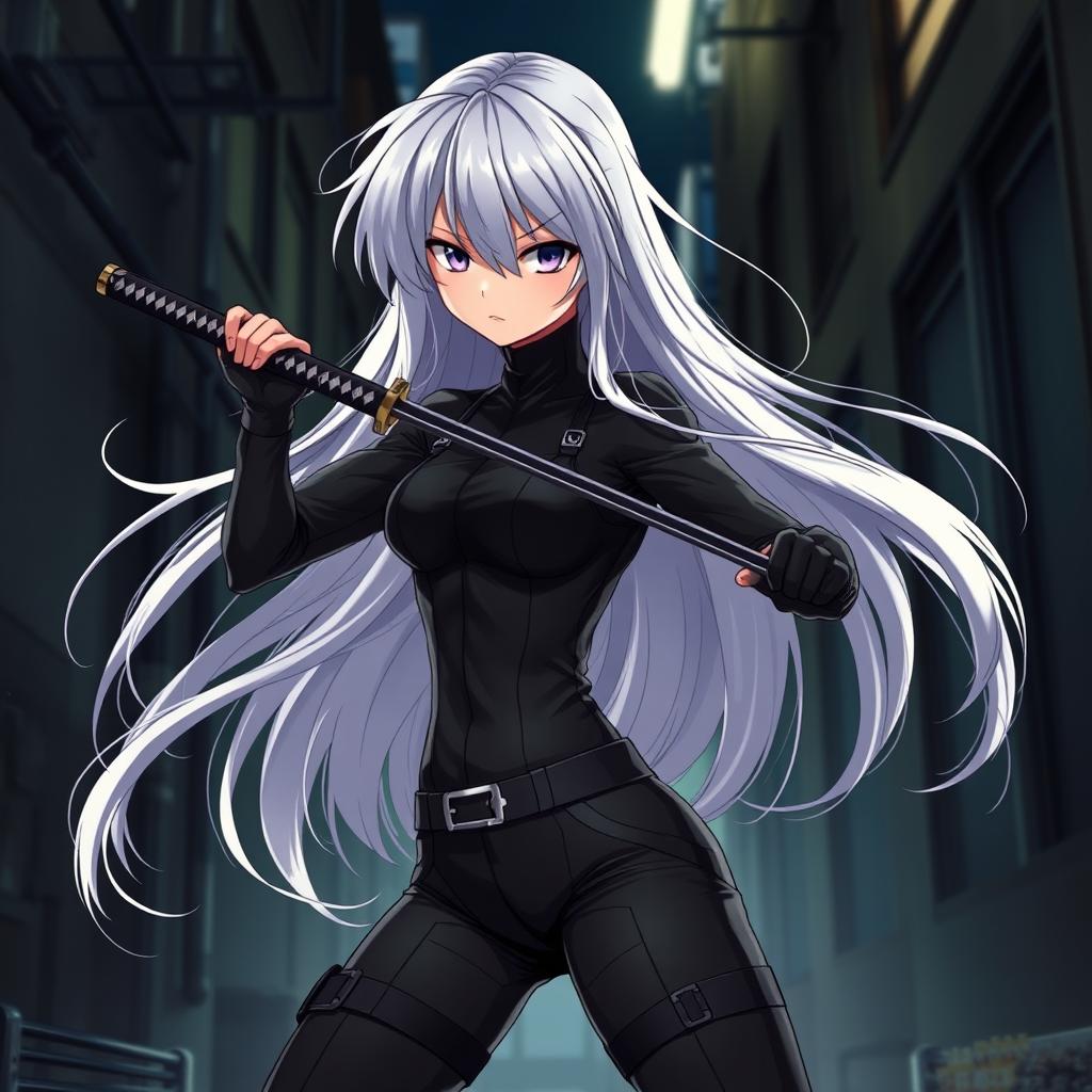 A striking anime girl with flowing white hair, characterized as a skilled assassin