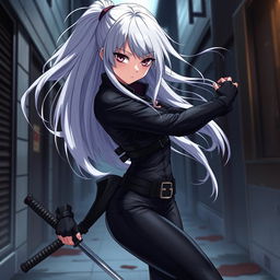 A striking anime girl with flowing white hair, characterized as a skilled assassin