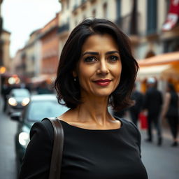 A 39-year-old woman with dark hair and distinct Italian features, fully dressed in sophisticated attire