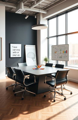 A modern office environment designed for a psychology company, featuring a sleek conference table surrounded by comfortable chairs