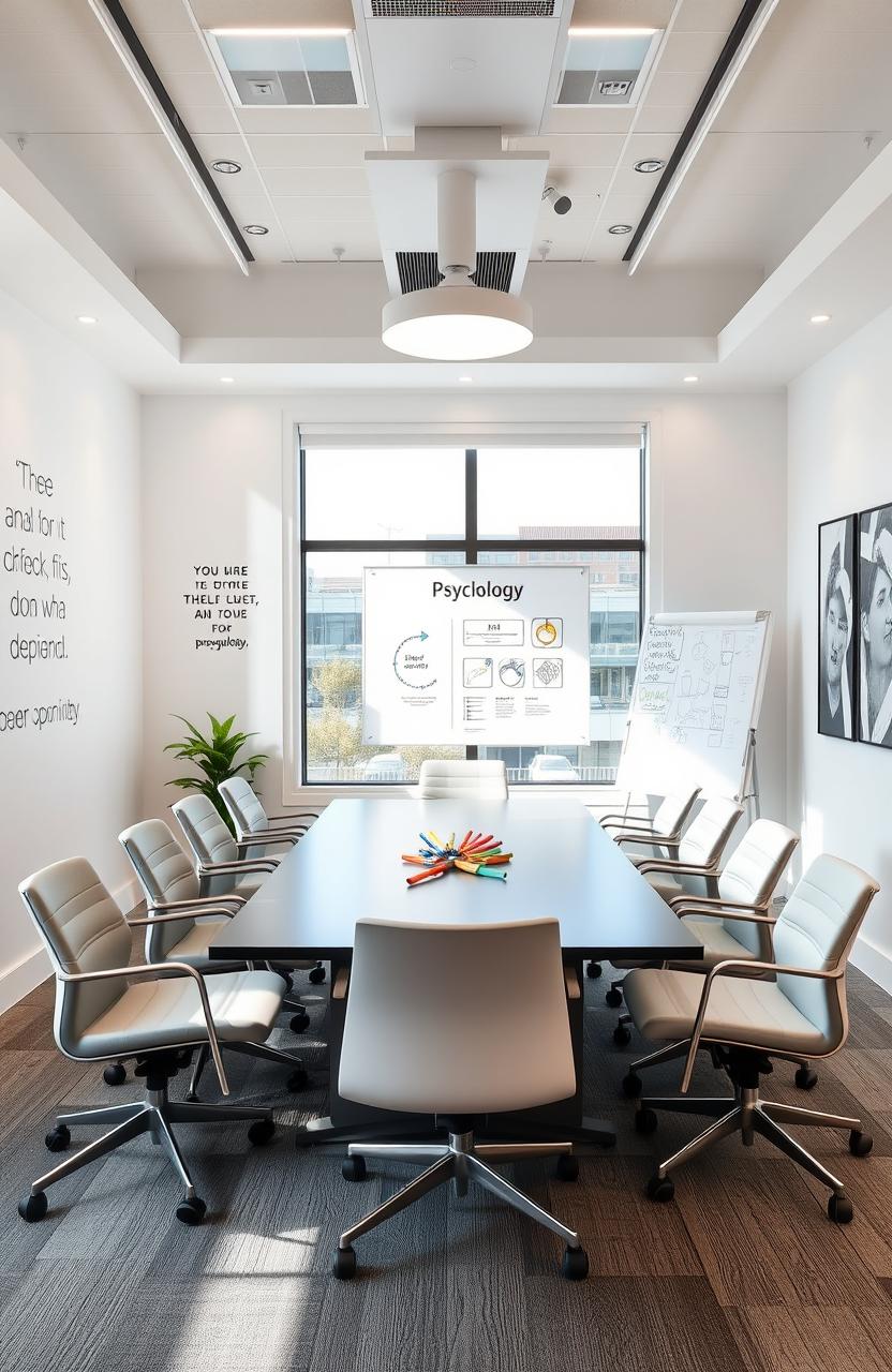 A modern office environment designed for a psychology company, featuring a sleek conference table surrounded by comfortable chairs