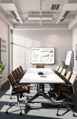 A modern office environment designed for a psychology company, featuring a sleek conference table surrounded by comfortable chairs