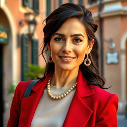A 39-year-old woman with dark hair and Italian features, fully dressed in stylish and elegant attire