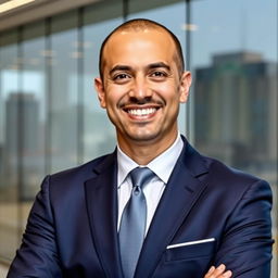 A professional portrait of a successful business person named Ahmed Al-Tawzeef, who is presenting a modern and confident image