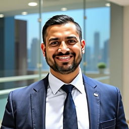 A professional portrait of a successful business person named Ahmed Al-Tawzeef, who is presenting a modern and confident image