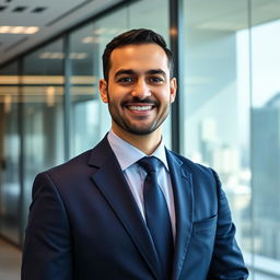 A professional portrait of a successful business person named Ahmed Al-Tawzeef, who is presenting a modern and confident image