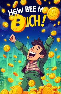 A visually striking illustration depicting the concept of becoming rich through Bitcoin investment, featuring a person joyfully celebrating their newfound wealth